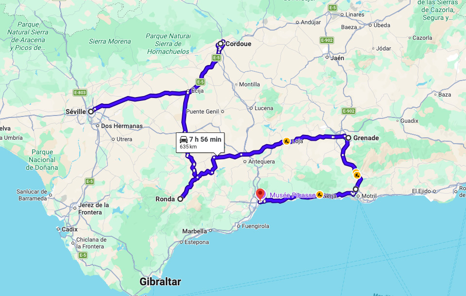 Route map for a 7-day Andalusia road trip